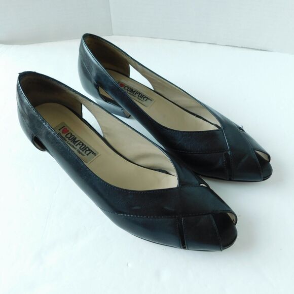 I LOVE COMFORT Shoes VINTAGE Womens 7.5 Black Leather Heels Pumps, Open Toe EUC - Picture 16 of 16